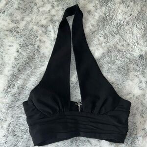 Oh Polly Black Halter Zip-Front Crop Top